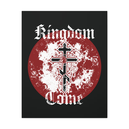 A textured Orthodox cross with vine overlays a red circle, symbolizing the Holy Spirit. "Kingdom Come" appears in bold gothic font above and below on this Orthodox Christian canvas art inspired by the Lord's Prayer.