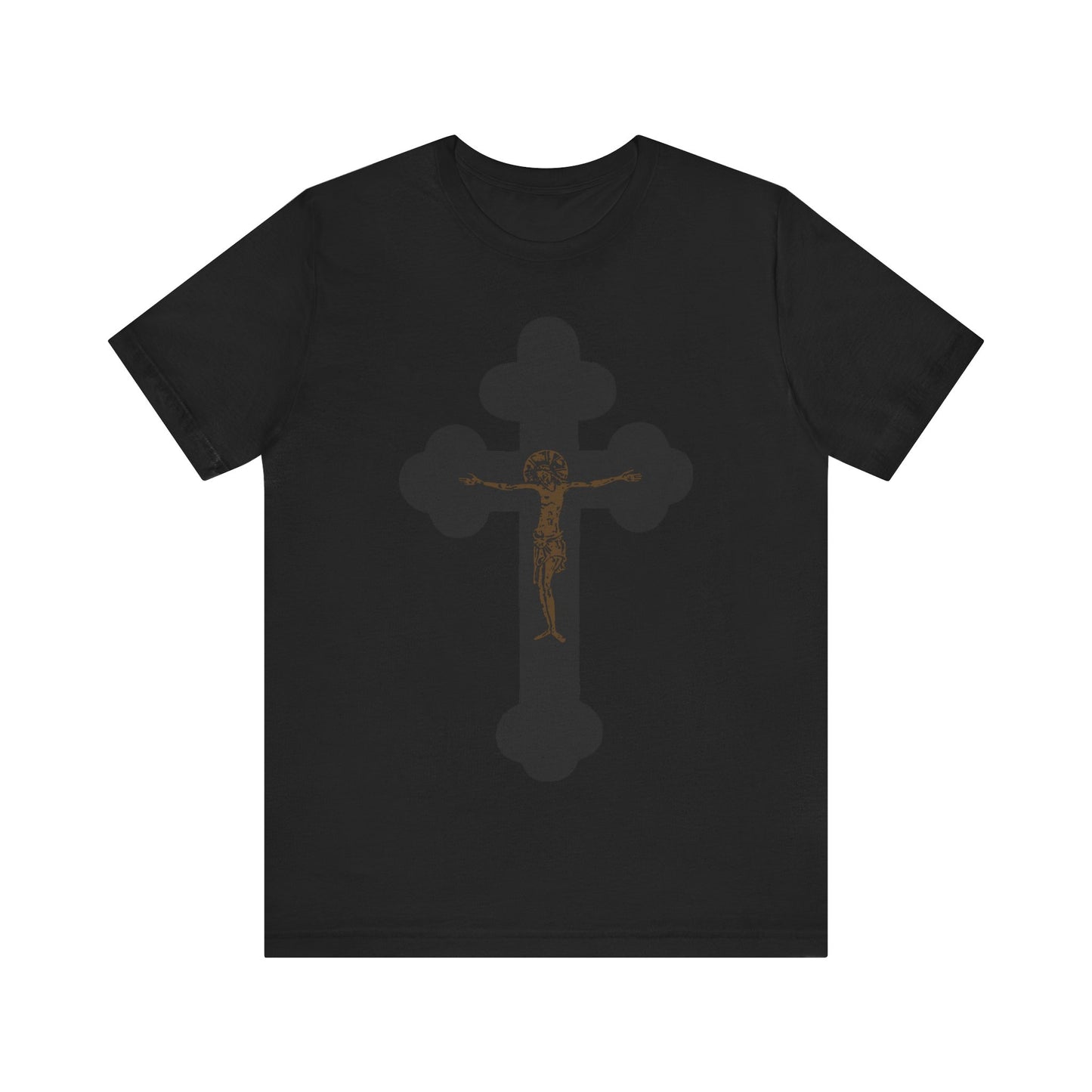 Black & Bronze Orthodox Crucifix Icono-Graphic T-shirt in black features a minimalist Christian graphic of Christ crucified—ideal for expressing faith and devotion. Unisex, cotton comfort with "I Am Crucified with Christ" design.