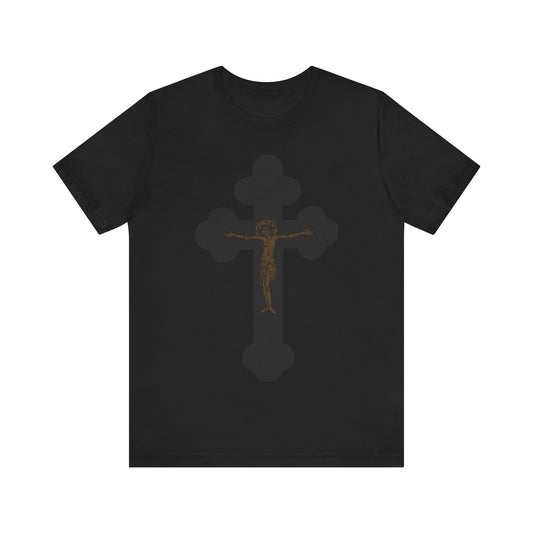 Black & Bronze Orthodox Crucifix Icono-Graphic T-shirt in black features a minimalist Christian graphic of Christ crucified—ideal for expressing faith and devotion. Unisex, cotton comfort with "I Am Crucified with Christ" design.
