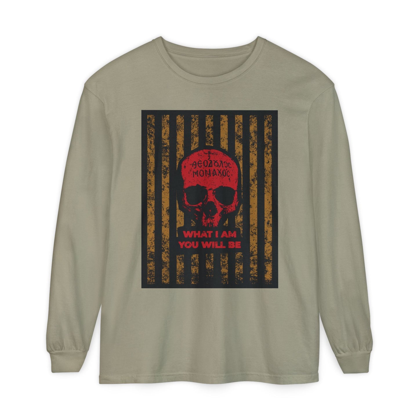Sandstone long-sleeve cotton shirt featuring a red skull and "WHAT I AM YOU WILL BE" text, inspired by St. Ignatius Brianchaninov’s memento mori teachings. Product: What I Am You Will Be | Remembrance of Death | Ascetic Ethos.