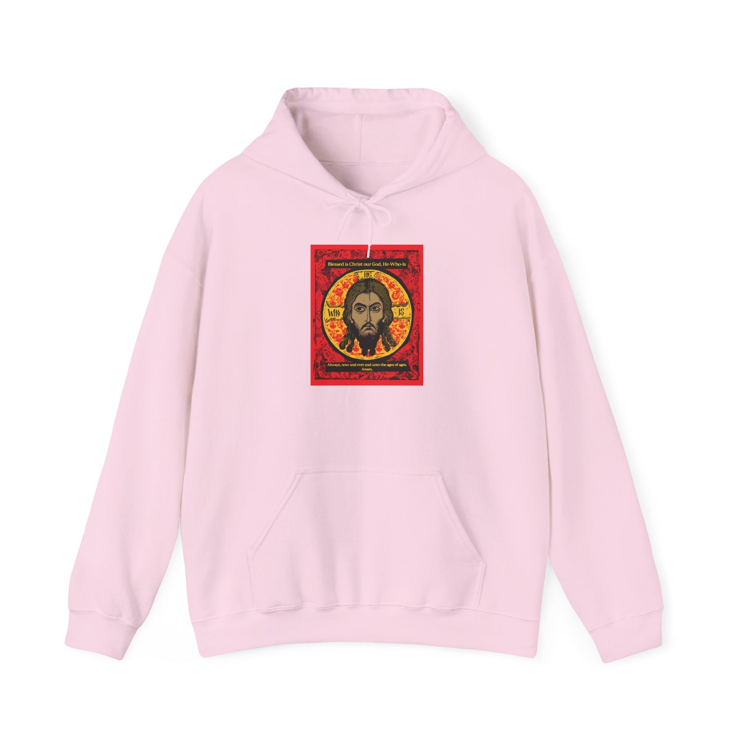 Light pink “Made Without Hands (Mandylion/Image of Edessa)” hoodie featuring a colorful rectangular graphic design of Jesus Christ’s face, inspired by Orthodox iconic tradition and prayer, in red, black, and yellow.