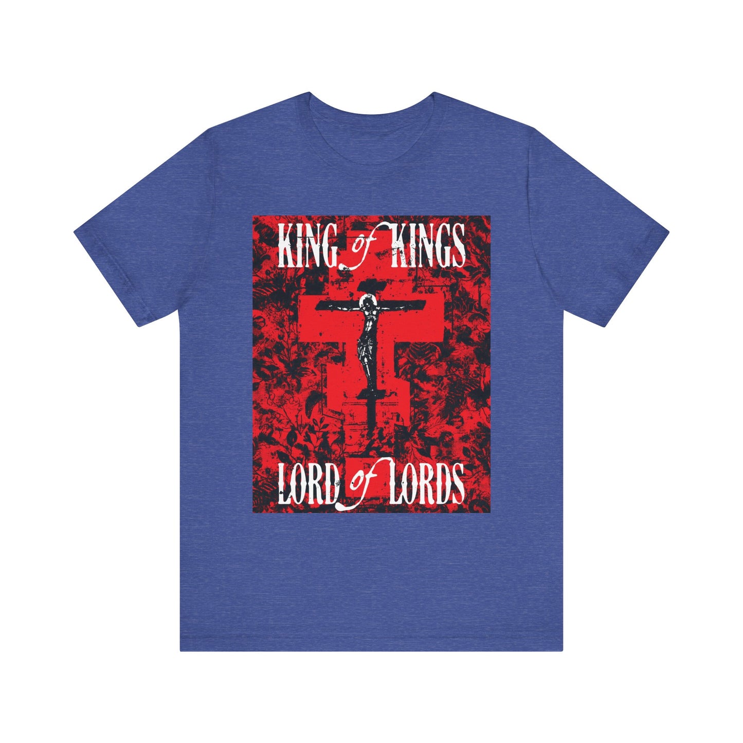 King of Kings, Lord of Lords | Christ Crucified Icono-Graphic | Red Cross Nature Texture w/ White Text | Lightweight Cotton Unisex Tee