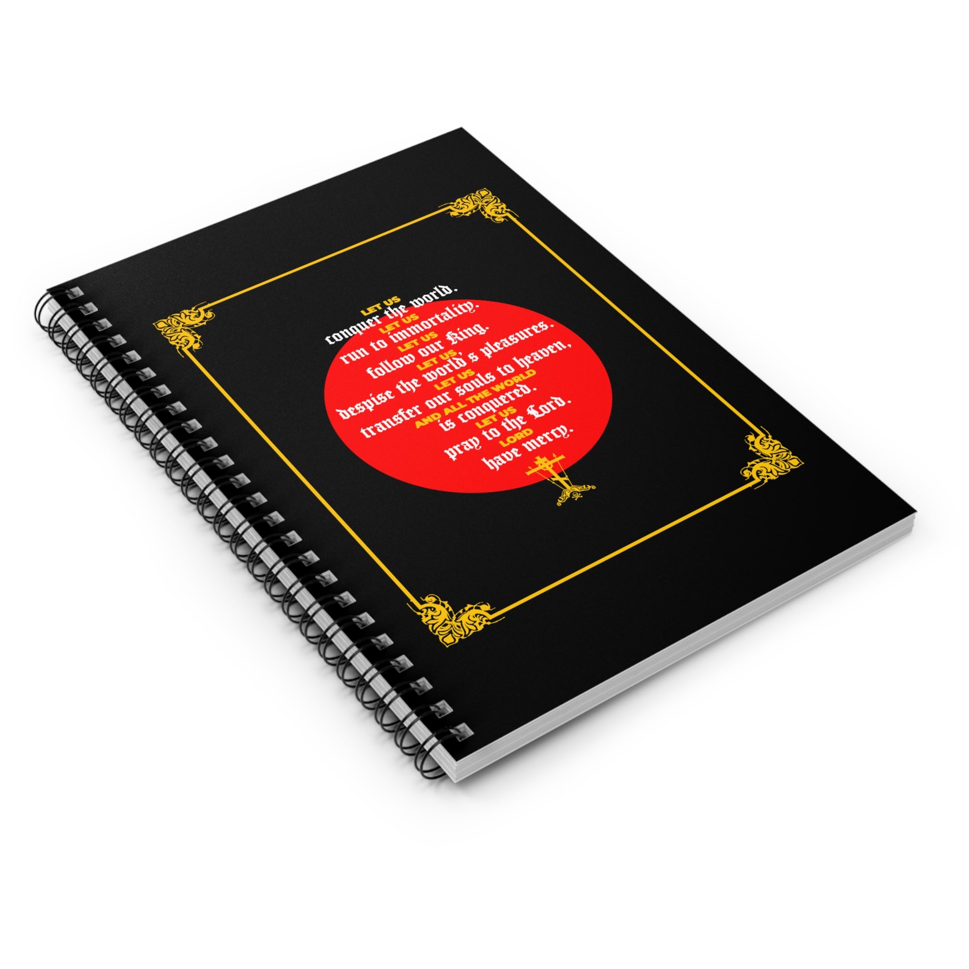 The "Let Us Conquer the World, Let Us Run To Immortality" Orthodox Spiral Notebook features a black cover with a red circle, gold corners, and an inspirational John Chrysostom quote about victory over death.