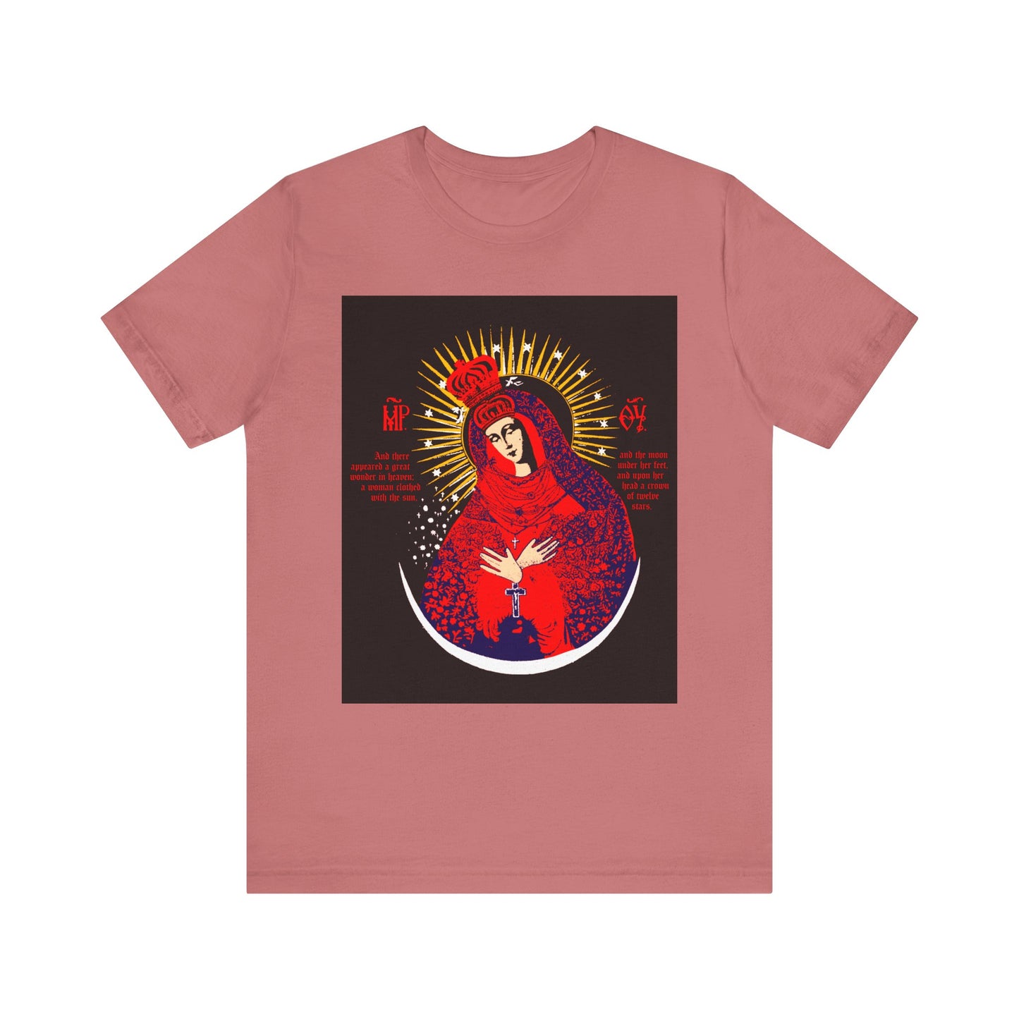 Mauve lightweight cotton unisex t-shirt featuring a bold graphic of Our Lady the Gate of Dawn—Theotokos Crowned, Woman of the Apocalypse—inspired by the Vilnius icon.
