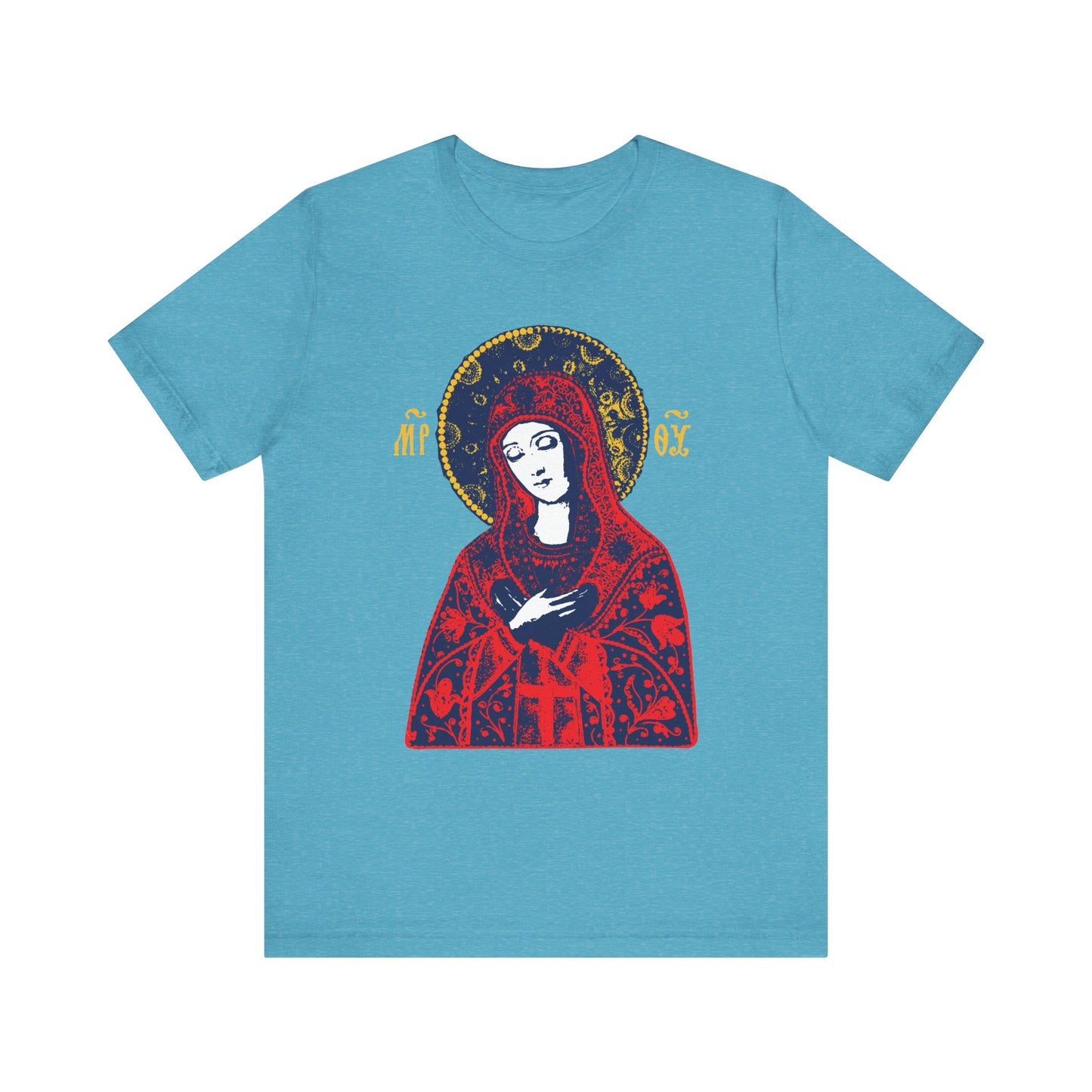 Heather Aqua t-shirt with an illustrated Theotokos icon in a halo and ornate red robe, inspired by traditional Orthodox Tenderness Iconography. "Joy of All Joys" lightweight cotton unisex tee.