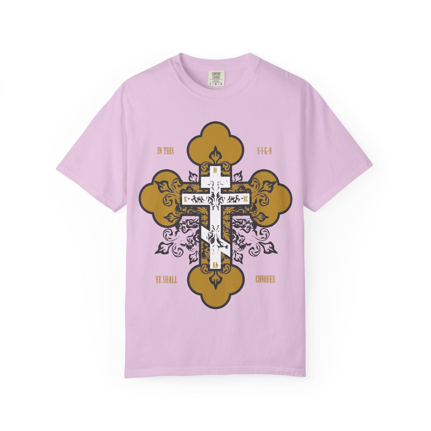 Orchid unisex heavyweight cotton tee featuring a gold and white ornate Orthodox cross with the text: In This Sign Ye Shall Conquer (In Hoc Signo Vinces). This Christian inspirational shirt is a thoughtful tribute reminiscent of a St Joseph the Hesychast t-shirt.
