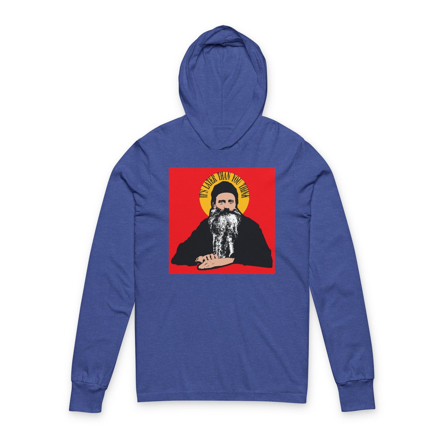 Heather True Royal hoodie featuring the quote "It's Later Than You Think" in a yellow halo, inspired by Fr Seraphim Rose—a modern American Orthodox Christian saint. Orthodox Christian hooded shirt combines faith and contemporary style.
