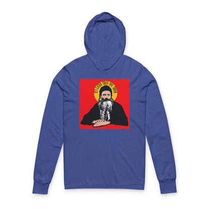 Heather True Royal hoodie featuring the quote "It's Later Than You Think" in a yellow halo, inspired by Fr Seraphim Rose—a modern American Orthodox Christian saint. Orthodox Christian hooded shirt combines faith and contemporary style.