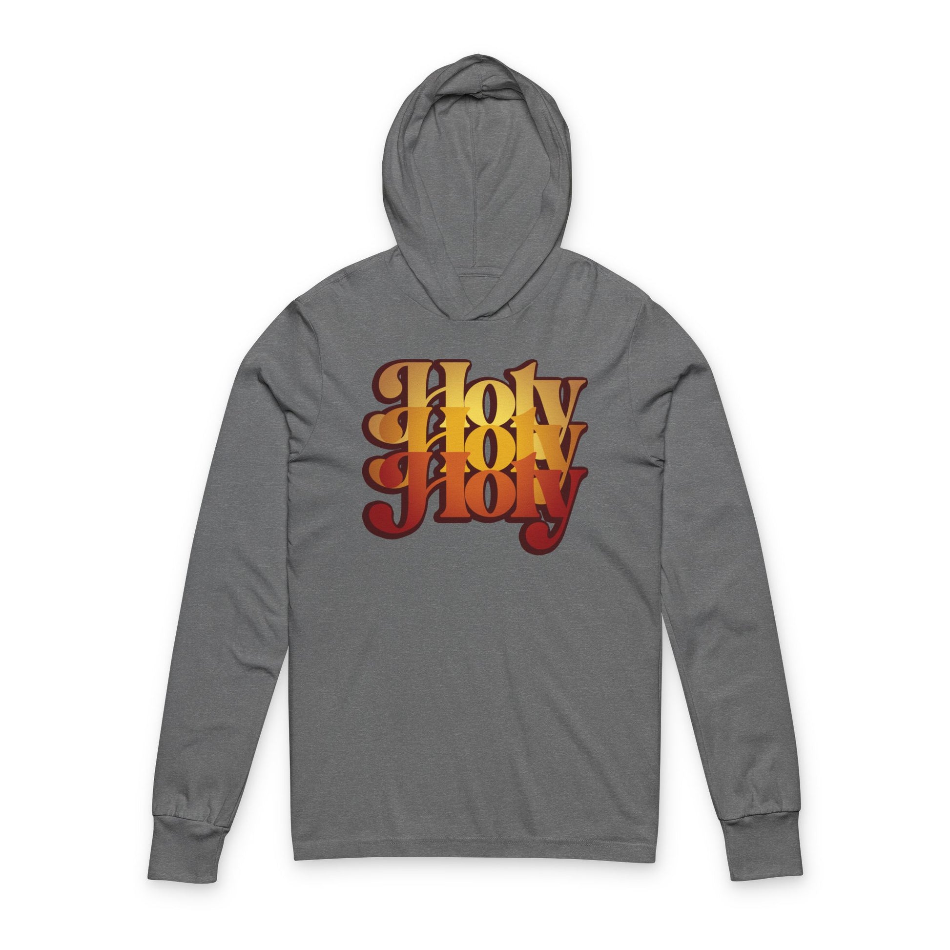 Grey TriBlend hoodie featuring bold 70s-style "Holy Holy Holy" text in yellow, orange, and red on the front, inspired by the seraphim and Isaiah 6. Orthodox Christian Trisagion Prayer design.