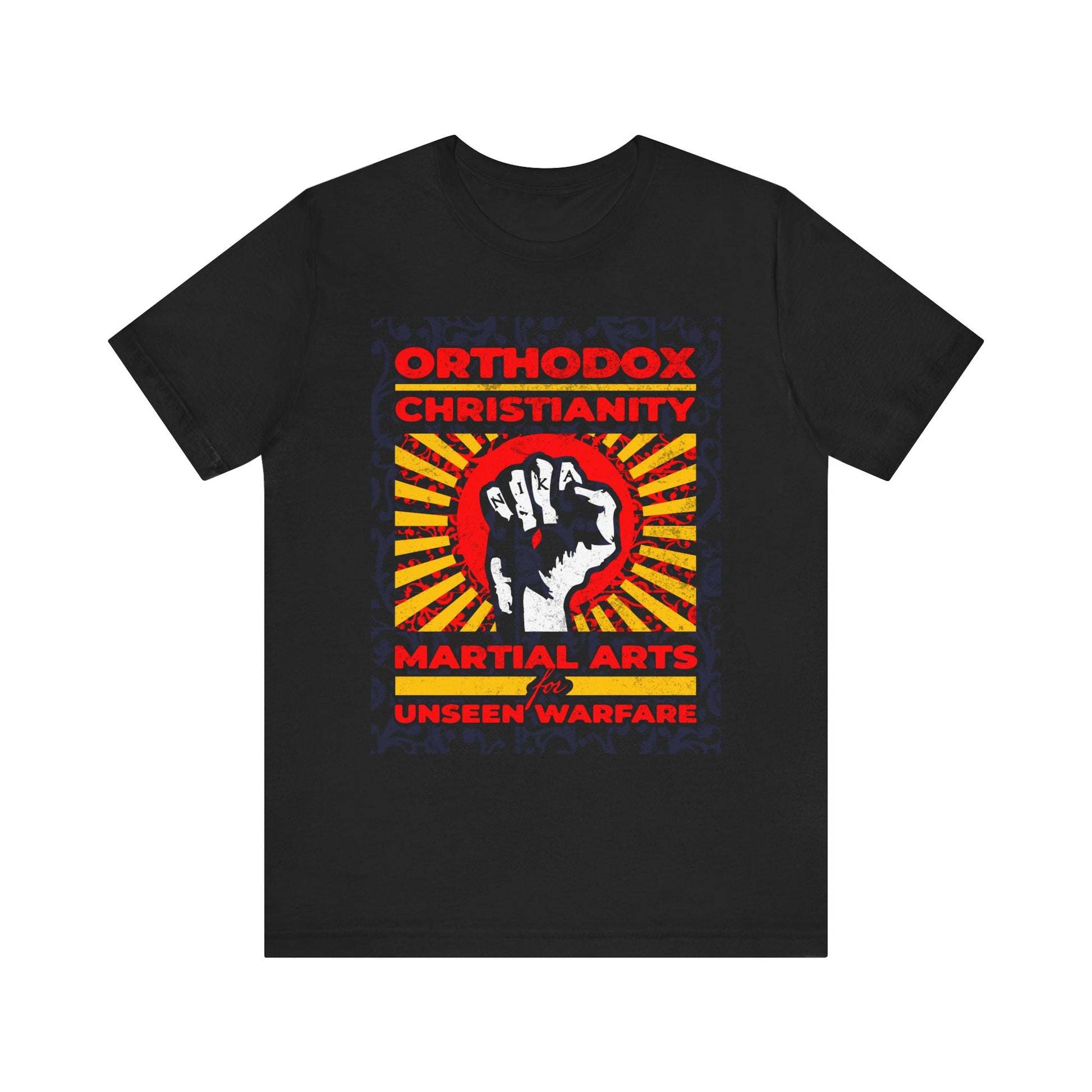 Black lightweight cotton unisex tee featuring the NIKA Jesus fist on a colorful sunburst, with "Orthodox Christianity: Martial Arts for Unseen Warfare"—a bold design representing the spiritual battle central to Christian virtue.