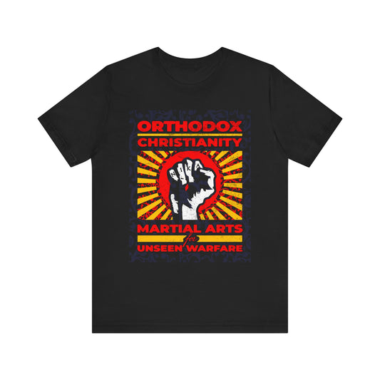 Orthodox Christianity: Martial Arts for Unseen Warfare | NIKA Jesus Fist on Colorful Sunburst Design | Lightweight Cotton Unisex Tee
