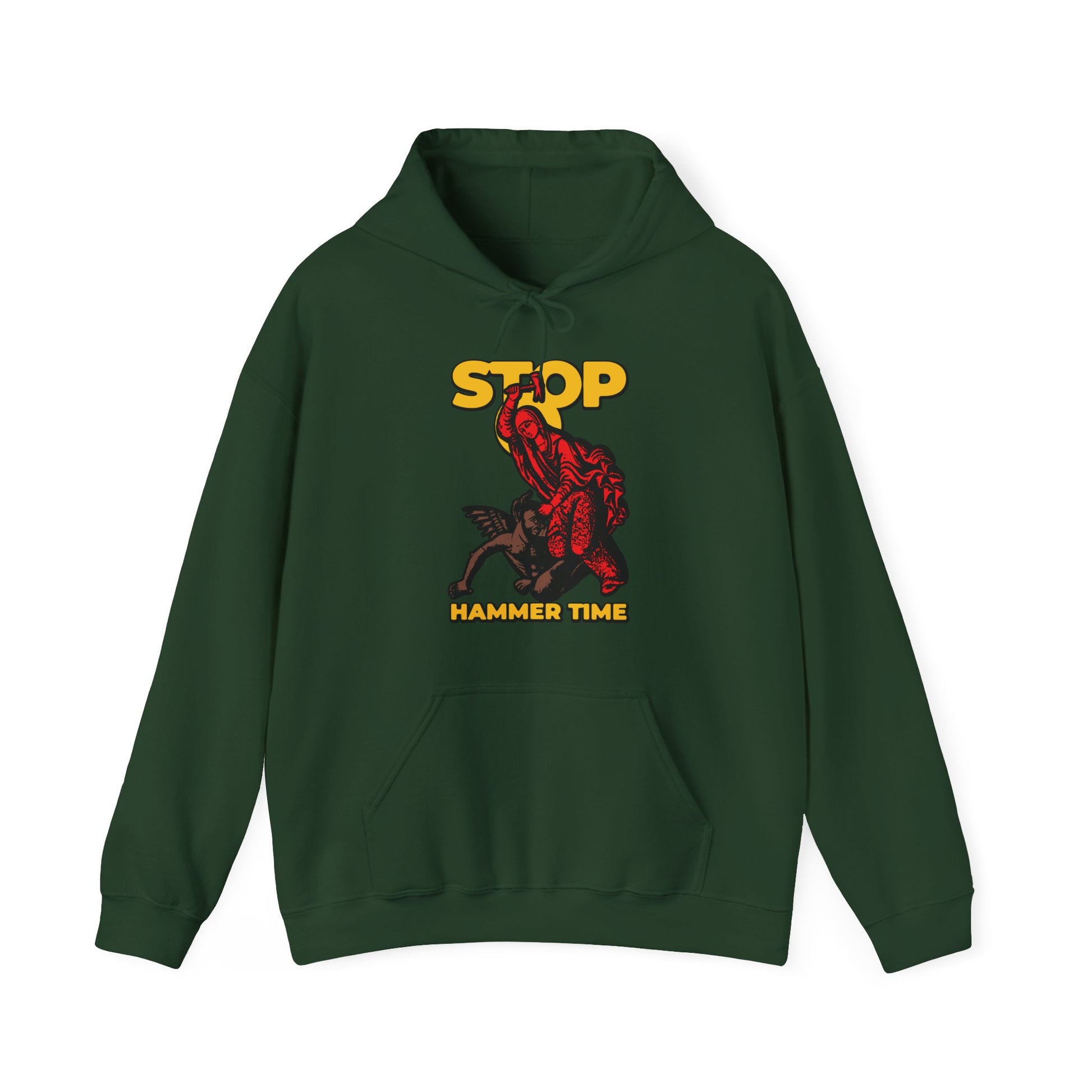 Dark green “St Marina of Antioch Beating the Devil with a Hammer” hoodie featuring "STOP, HAMMER TIME" and a red, blue, and yellow graphic inspired by the courage of Christian saints. Modern Orthodox meme design.