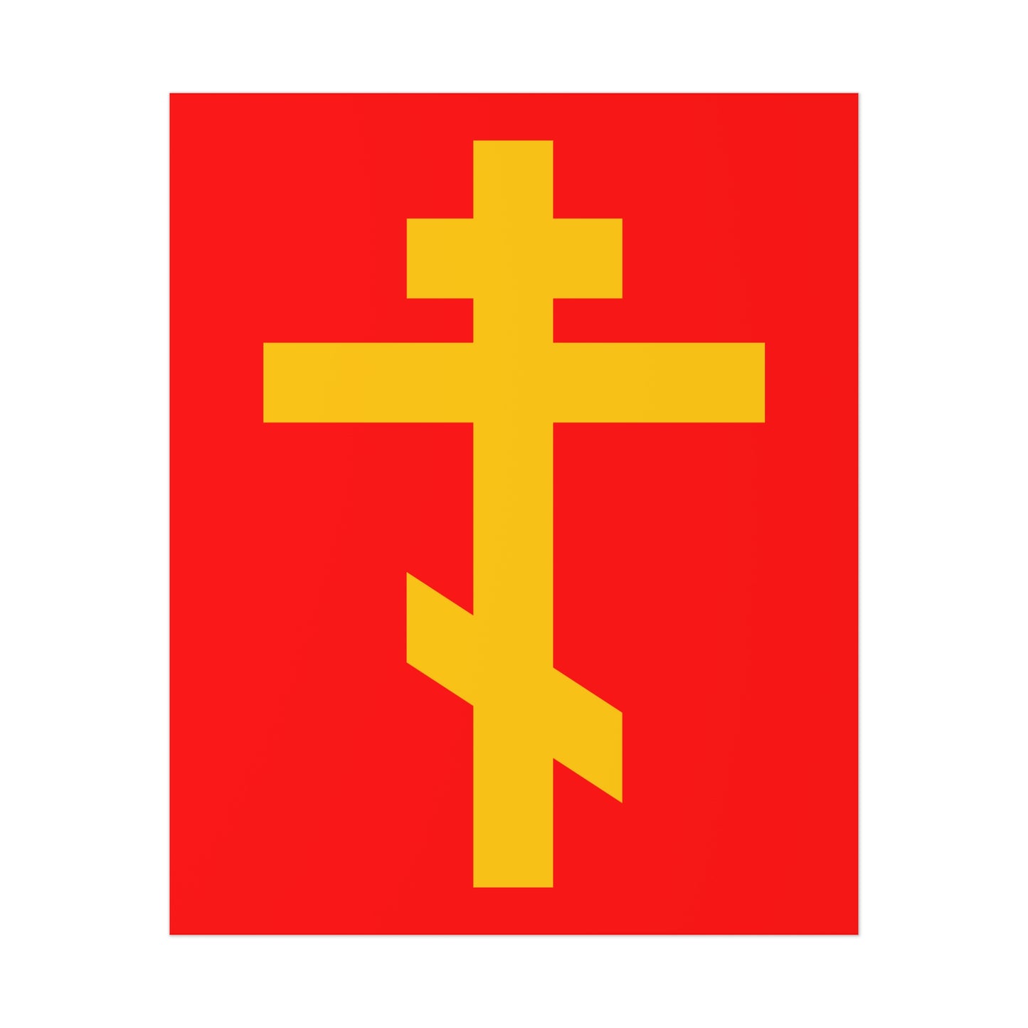 The "Yellow Orthodox Cross Red Background" poster features an Orthodox cross on red, symbolizing spiritual strength as a "Precious and Life-Giving Weapon of Unseen Warfare" and the "Scourge of Demons" in striking orthodox art.
