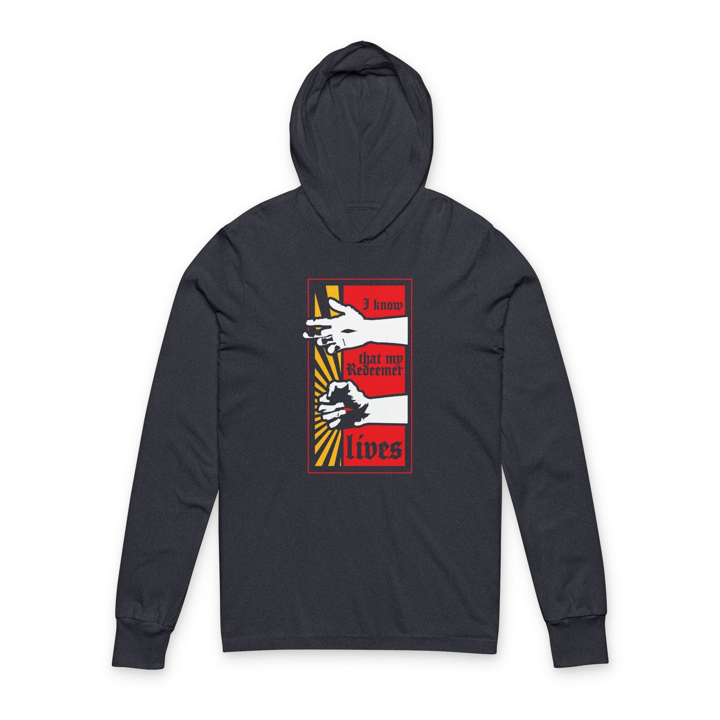 Heather navy hooded shirt featuring a comic book-style resurrected Jesus fist with divine power and “I Know That My Redeemer Lives” (Job 19:25) in red and yellow. Orthodox Christian design.