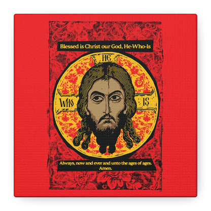 The “Made Without Hands (Mandylion/Image of Edessa)” canvas wall art by Remembrance of Death features Christ’s face in a red, black & yellow ornate frame with Orthodox hymn text: “Blessed is Christ our God, He-Who-Is. Always, now and ever and unto the ages of ages. Amen.”.