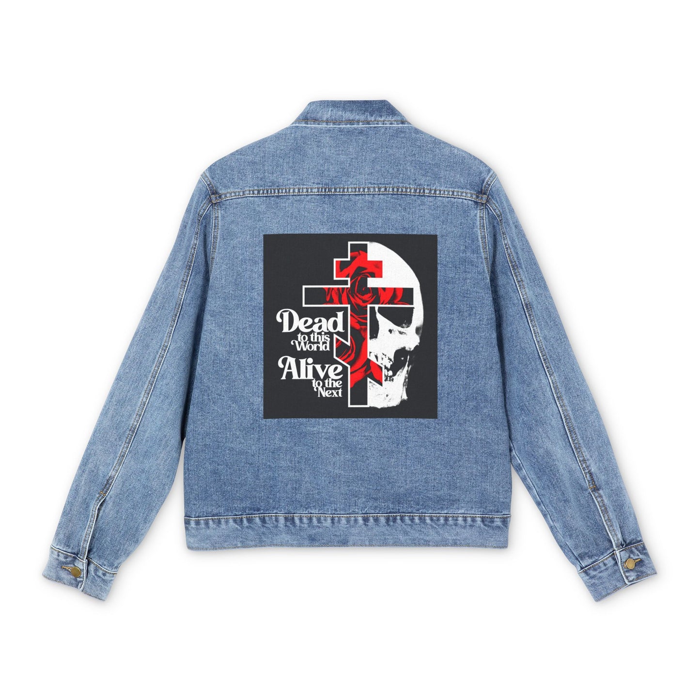 Dead to this World Alive to the Next | Goth Aesthetic Flower Cross & Skull | 70s Typography | Bestselling | Orthodox Christian Jean Jacket