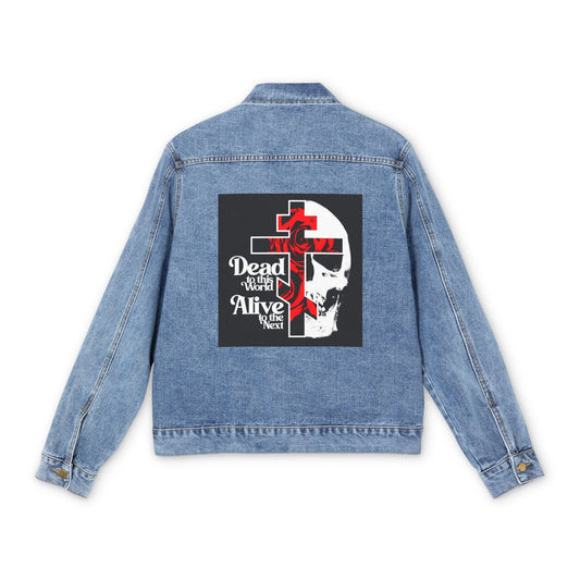 Dead to this World Alive to the Next | Goth Aesthetic Flower Cross & Skull | 70s Typography | Bestselling | Orthodox Christian Jean Jacket