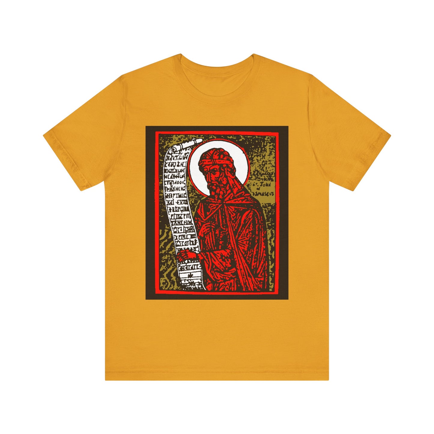 St. John of Damascus Icono-Graphic | Orthodox Christian Saint | Red Gold & Black High Contrast Design | Lightweight Cotton Unisex Tee