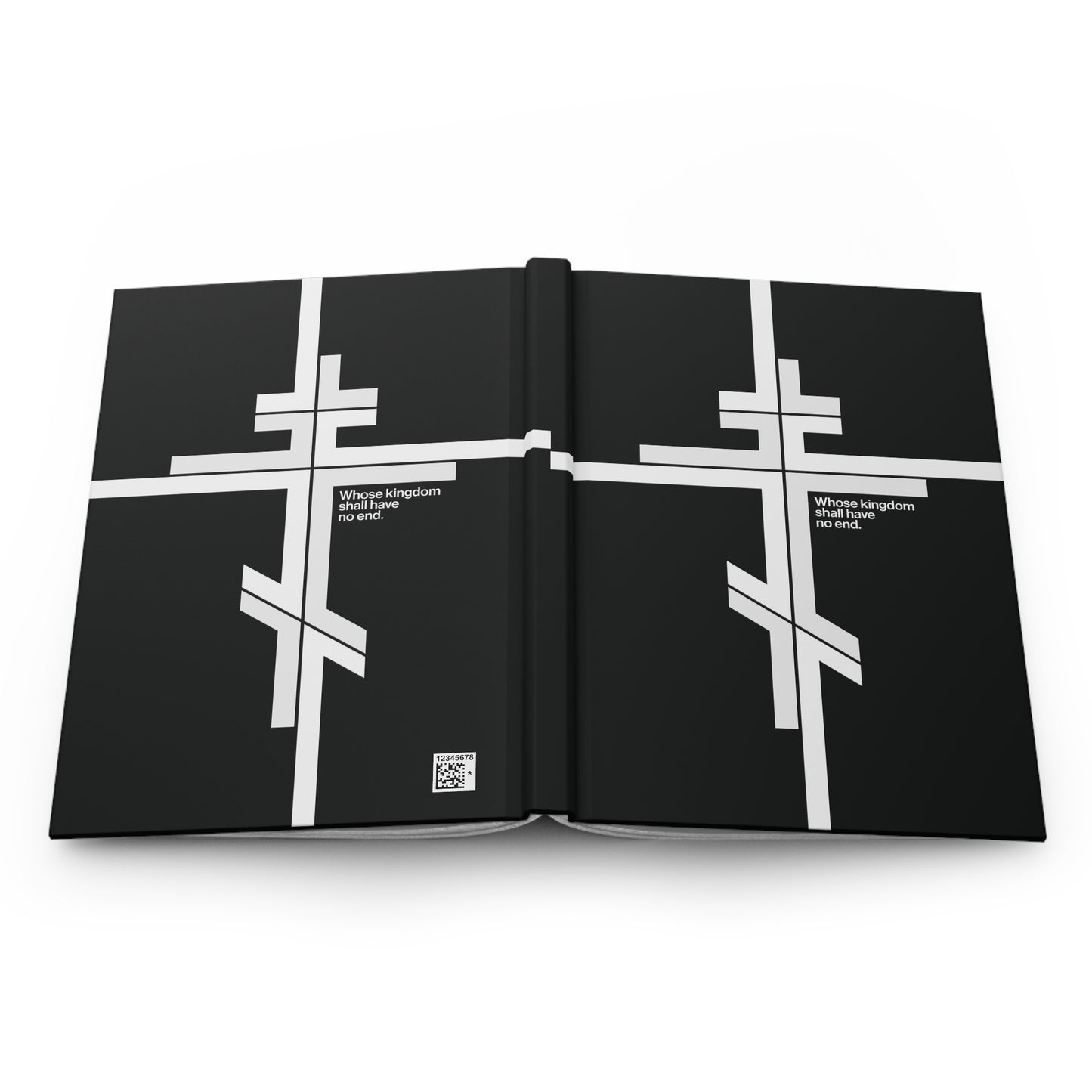 A modernist minimalist hardcover journal titled “Whose Kingdom Shall Have No End” features an Orthodox cross in black with white accents and Luke 1:32-33, reflecting the timeless nature of Christ’s kingdom.