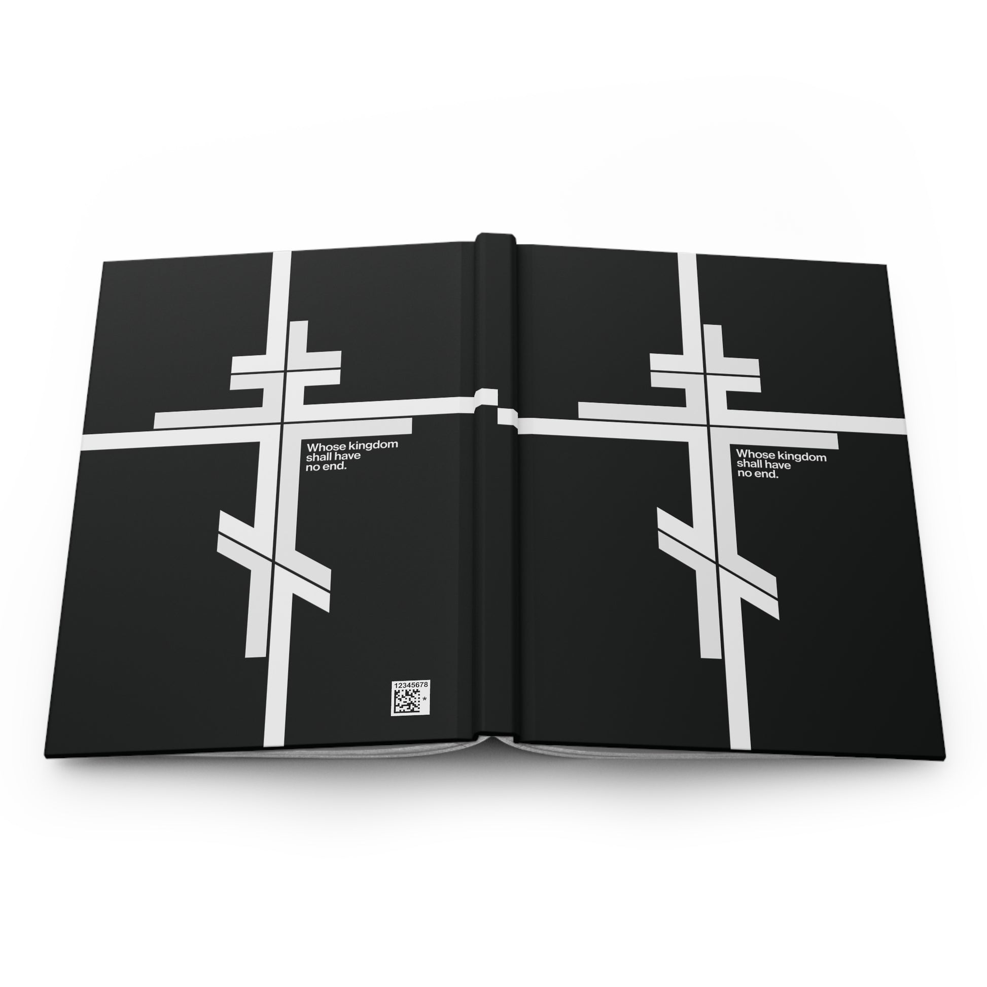 A modernist minimalist hardcover journal titled “Whose Kingdom Shall Have No End” features an Orthodox cross in black with white accents and Luke 1:32-33, reflecting the timeless nature of Christ’s kingdom.