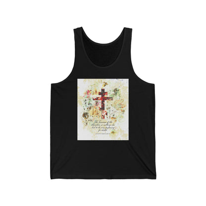 Preparing For Death | White & Beige Floral Scrapbook Texture Cross | Arts & Crafts Style | St Irenaeus | Orthodox Christian Jersey Tank Top