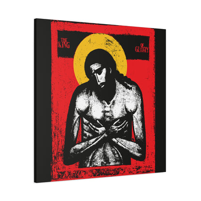 The King of Glory Jesus Christ "Extreme Humility" IconoGraphic features a stylized image with a yellow halo, red background, and "The King of Glory" text—perfect Christian wall art inspired by themes from Isaiah 53.