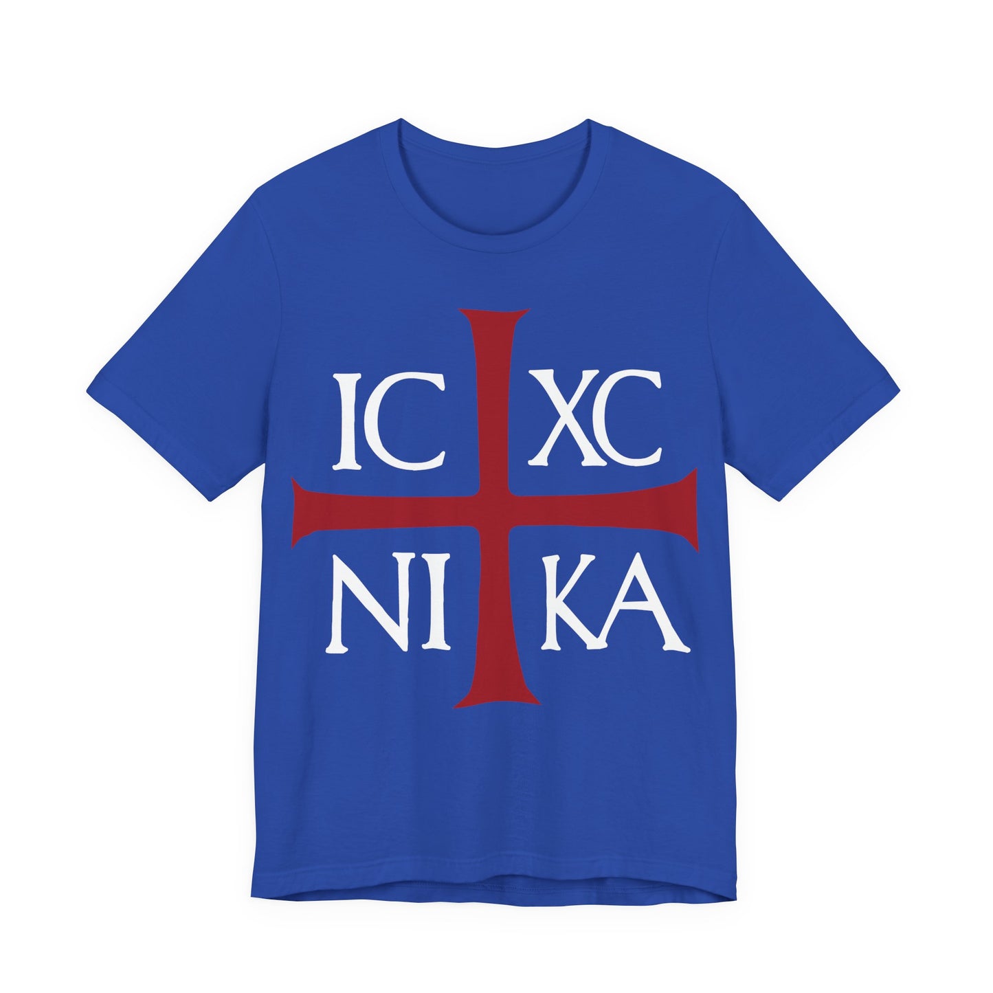 True Royal cotton t-shirt featuring a red cross and white IC XC NIKA Byzantine Christogram, inspired by Orthodox Christian tradition—reminding us of victory in Christ’s love.