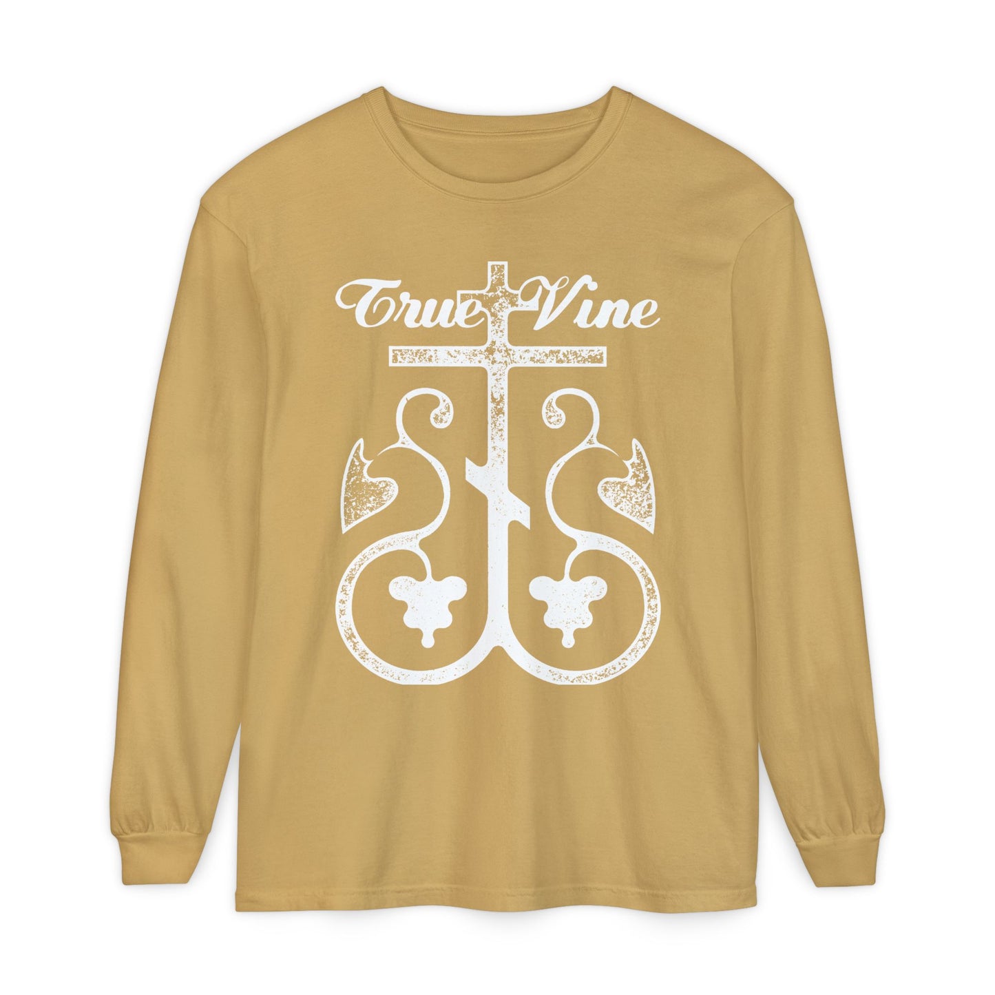 I Am the True Vine (John 15, Ezekiel 15) | Orthodox Cross with Grape Vine | Photocopy Effect | Orthodox Long Sleeve Cotton Shirt