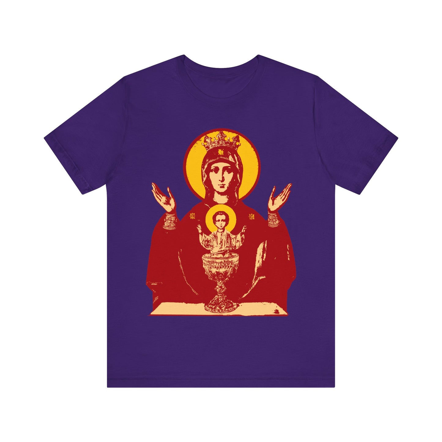 Team Purple Orthodox Christian t-shirt featuring the Holy Theotokos IconoGraphic of the Inexhaustible Chalice—Deliverer from Addictions and Conqueror of Passions.