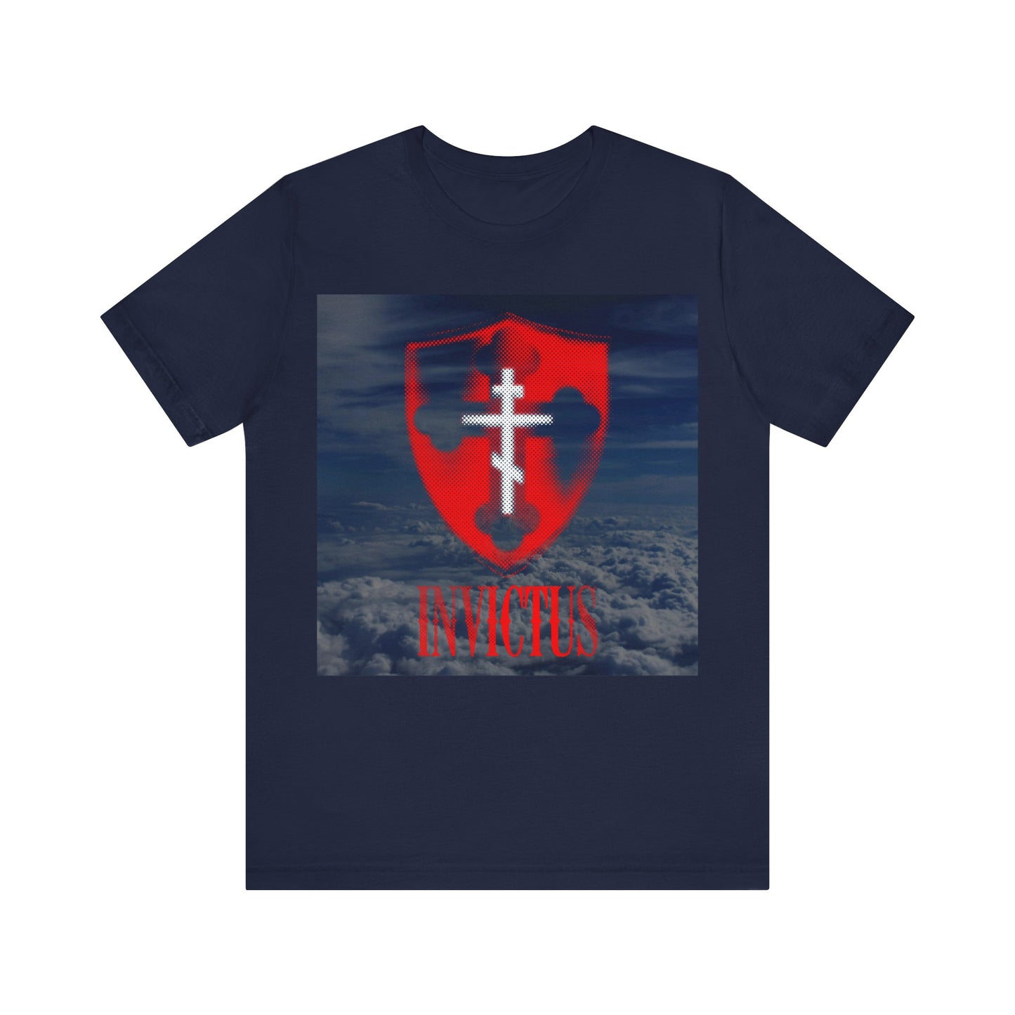 Invictus White Orthodox Cross | Glowing Red Halftone Shield | Clouds Background | Christ Unconquered | Lightweight Cotton Unisex Tee
