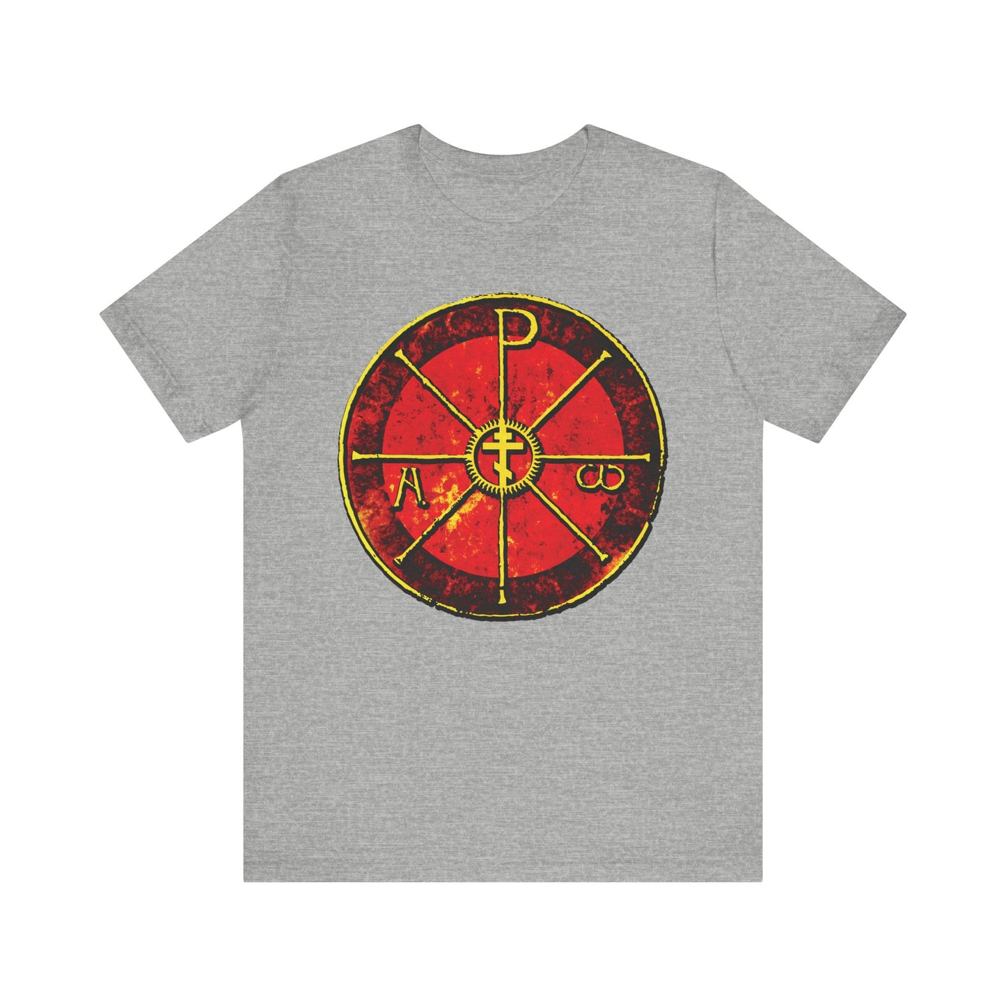 Athletic Heather t-shirt featuring a distressed red and yellow Chi Rho Orthodox Cross with Greek letters—an ancient Christogram inspired by the Cathedral of Milan. "Alpha & Omega," "In This Sign Ye Shall Conquer." Lightweight cotton.