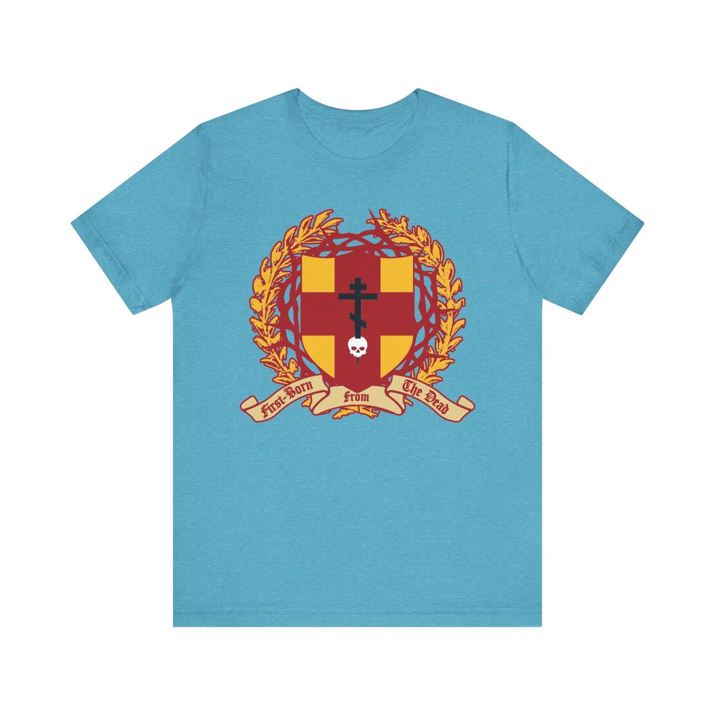 Heather Aqua T-shirt featuring “First-Born from the Dead (Col 1:18),” an Orthodox cross stabbing a skull, heraldic shield with crown of thorns. Lightweight unisex cotton, inspired by redemption through His blood.