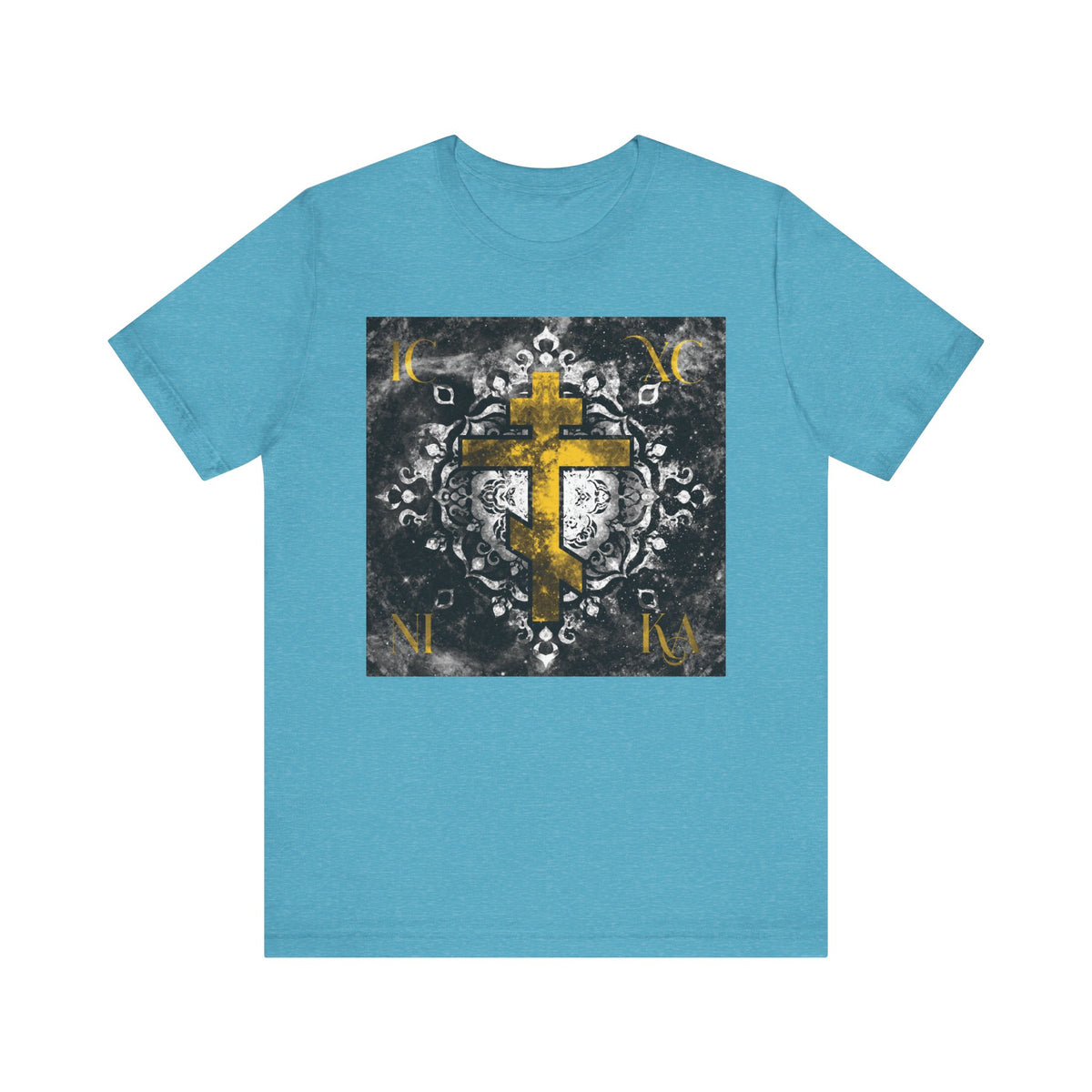 Gold ICXC NIKA Orthodox Cross on a grayscale ornate floral texture background, featured on the front of this lightweight cotton unisex tee, evoking the solemn beauty of Wednesday Matins and reflecting on the passion of Christ God.
