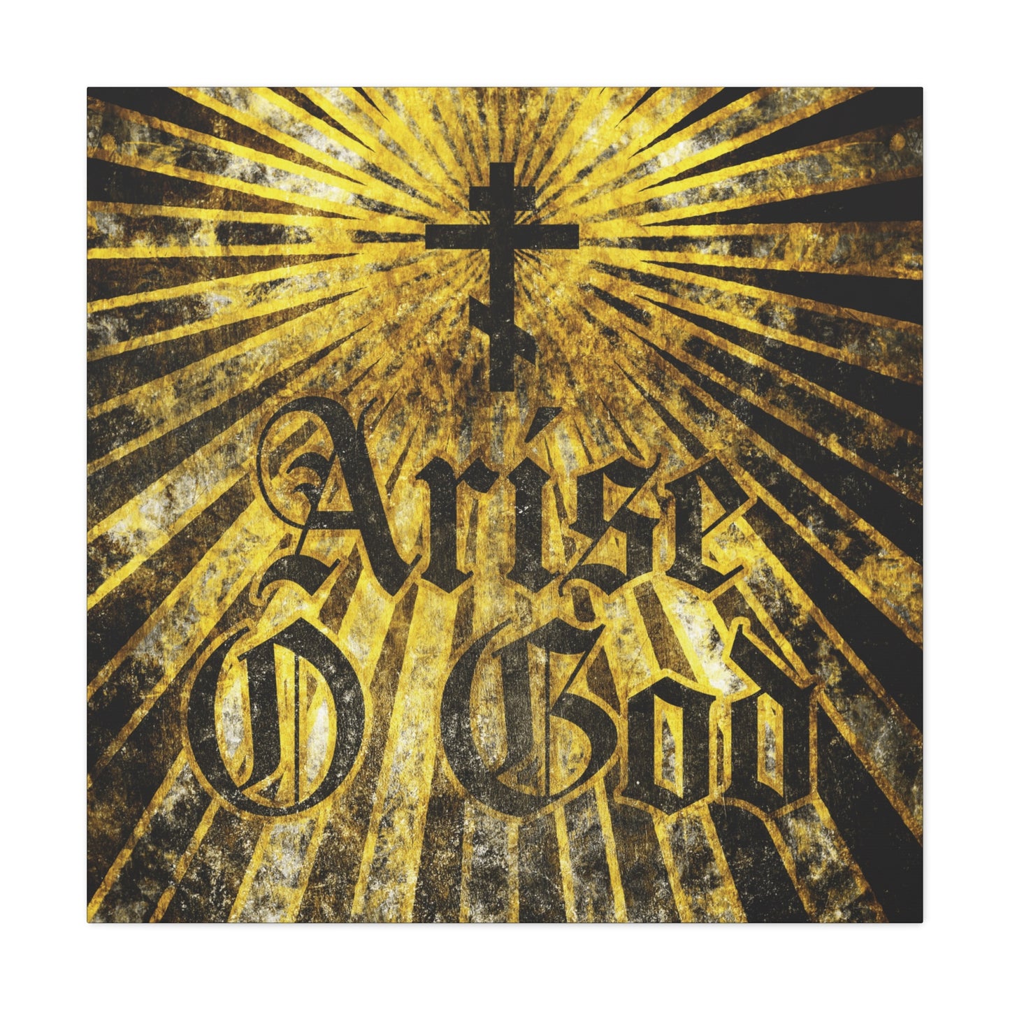 Arise O God wall art features a black Orthodox cross, golden rays, and textured gothic font on a gold-black background, inspired by Psalm 81 (82 LXX) and the Divine Council worldview. Perfect for Orthodox Christian spaces.