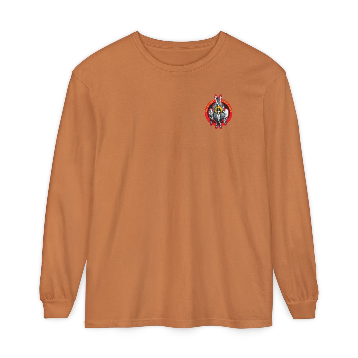 Yam-colored Holy Holy Holy Seraphim Angel Icono-Graphic long sleeve cotton shirt with a small, colorful divine council-inspired graphic on the left chest.