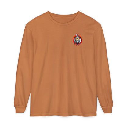 Yam-colored Holy Holy Holy Seraphim Angel Icono-Graphic long sleeve cotton shirt with a small, colorful divine council-inspired graphic on the left chest.