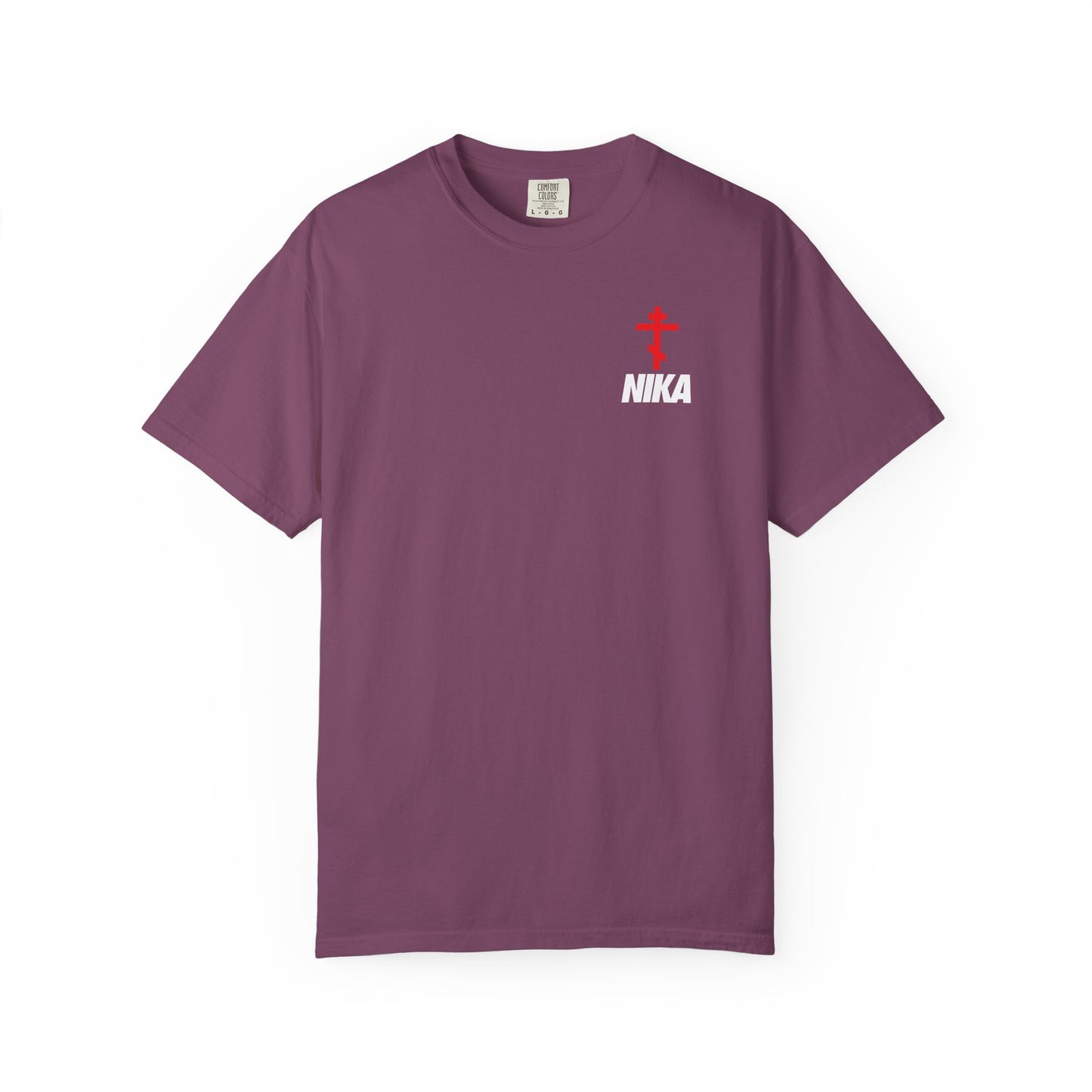 Orthodox Cross with Bold NIKA Text | Small Design | NIKE Logo Mashup | Athletic Ascetic Fashion | Christian Heavyweight Cotton Unisex Tee