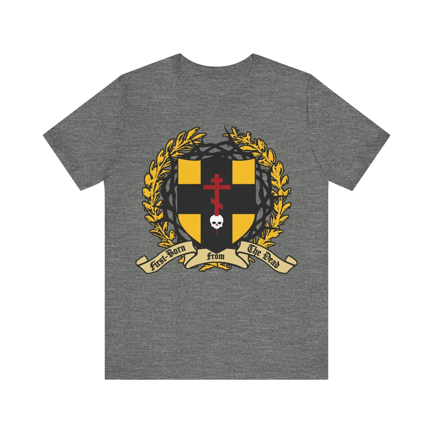 Deep Heather tee features "First-Born from the Dead (Col 1:18)", an Orthodox cross piercing a skull on a shield with victory wreath and crown of thorns—a bold Christian symbol of redemption. Cotton unisex fit.