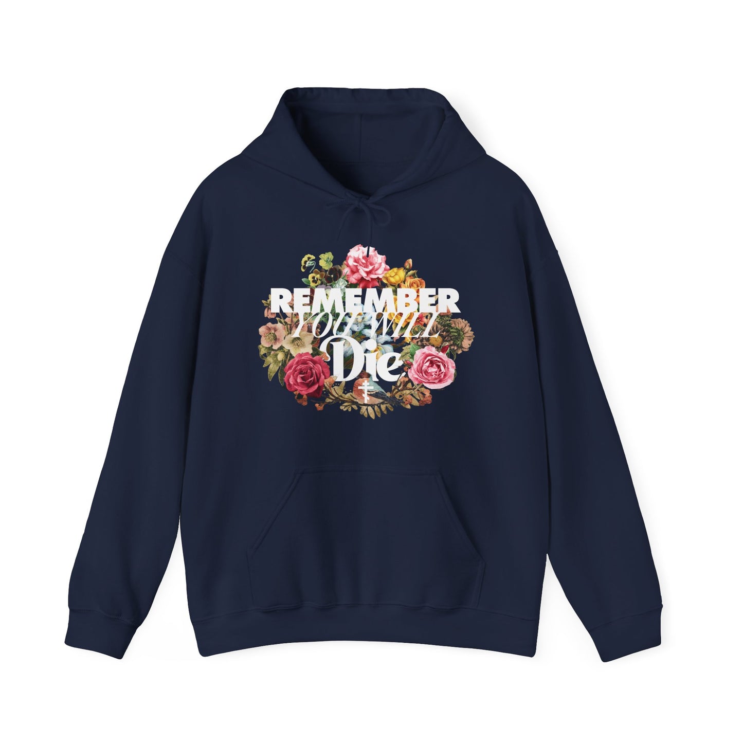 Remember You Will Die | Cross | Classic Typography & Floral Wreath Design (FRONT PRINT) | Memento Mori | Orthodox Christian Hoodie