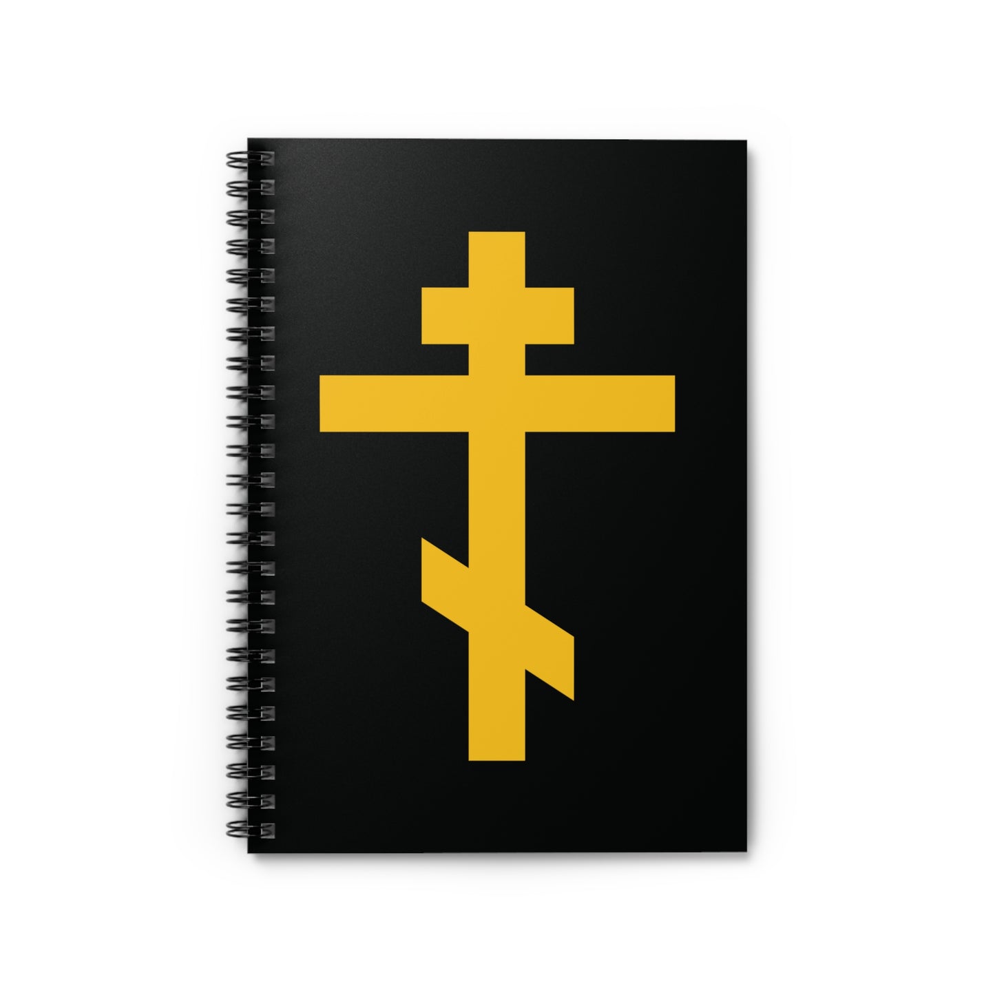 Orthodox spiral notebook with a yellow cross on black, titled "Precious and Life-Giving Weapon of Unseen Warfare | Scourge of Demons.