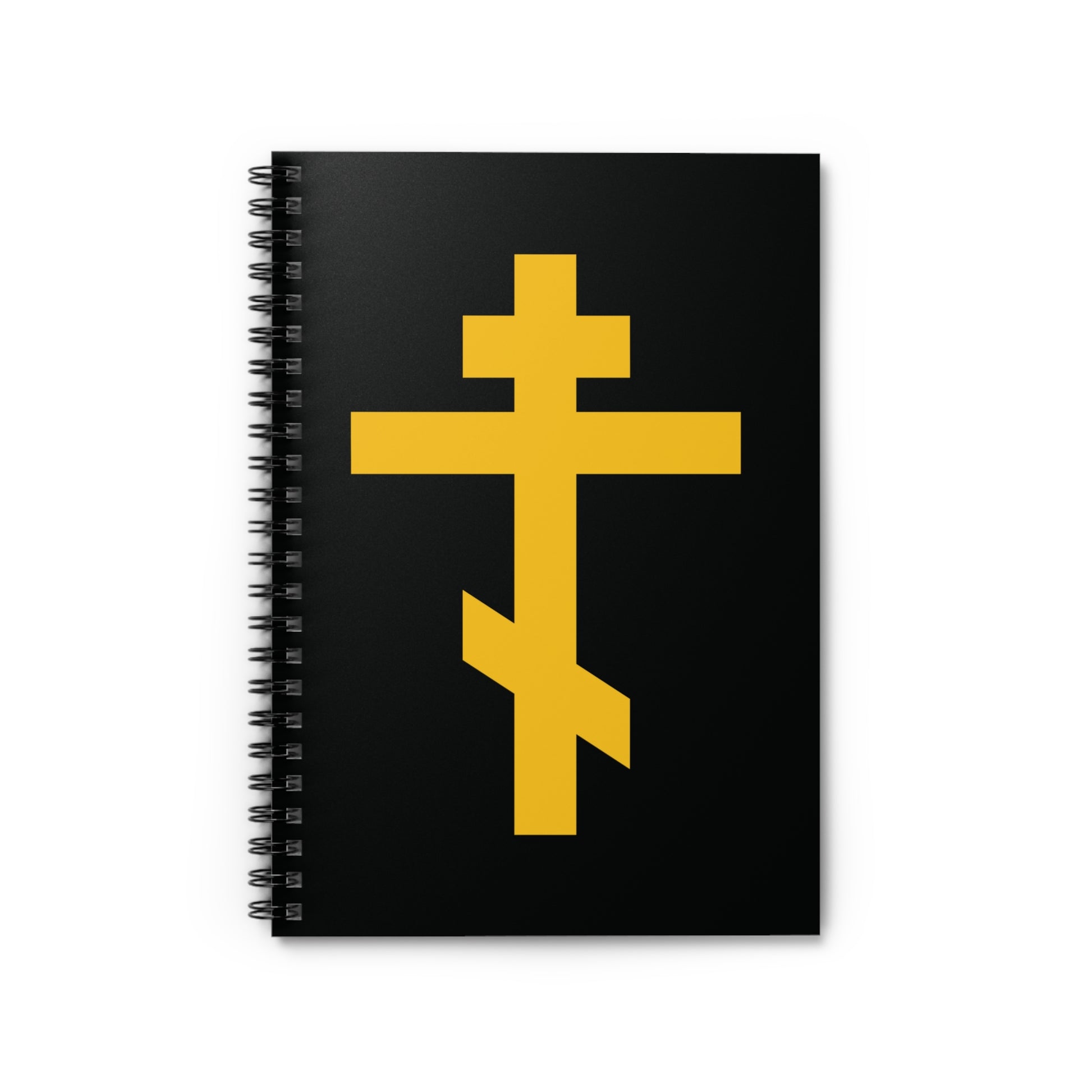 Orthodox spiral notebook with a yellow cross on black, titled "Precious and Life-Giving Weapon of Unseen Warfare | Scourge of Demons.