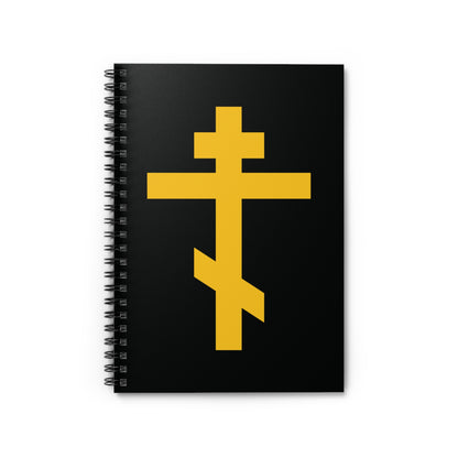 Orthodox spiral notebook with a yellow cross on black, titled "Precious and Life-Giving Weapon of Unseen Warfare | Scourge of Demons.