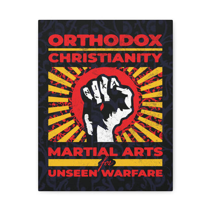 Orthodox Christianity: Martial Arts for Unseen Warfare | NIKA Jesus Fist on Colorful Sunburst Design | Orthodox Christian Canvas Art