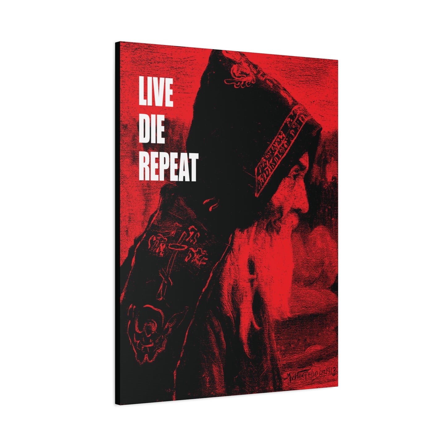 Live Die Repeat ("Monk" by Mikhail Nesterov) | Die Every Day, and You Will Live Forever—Ascetic Christianity Orthodox Canvas Wall Art featuring St Antony the Great, an elderly bearded monk in a hood.