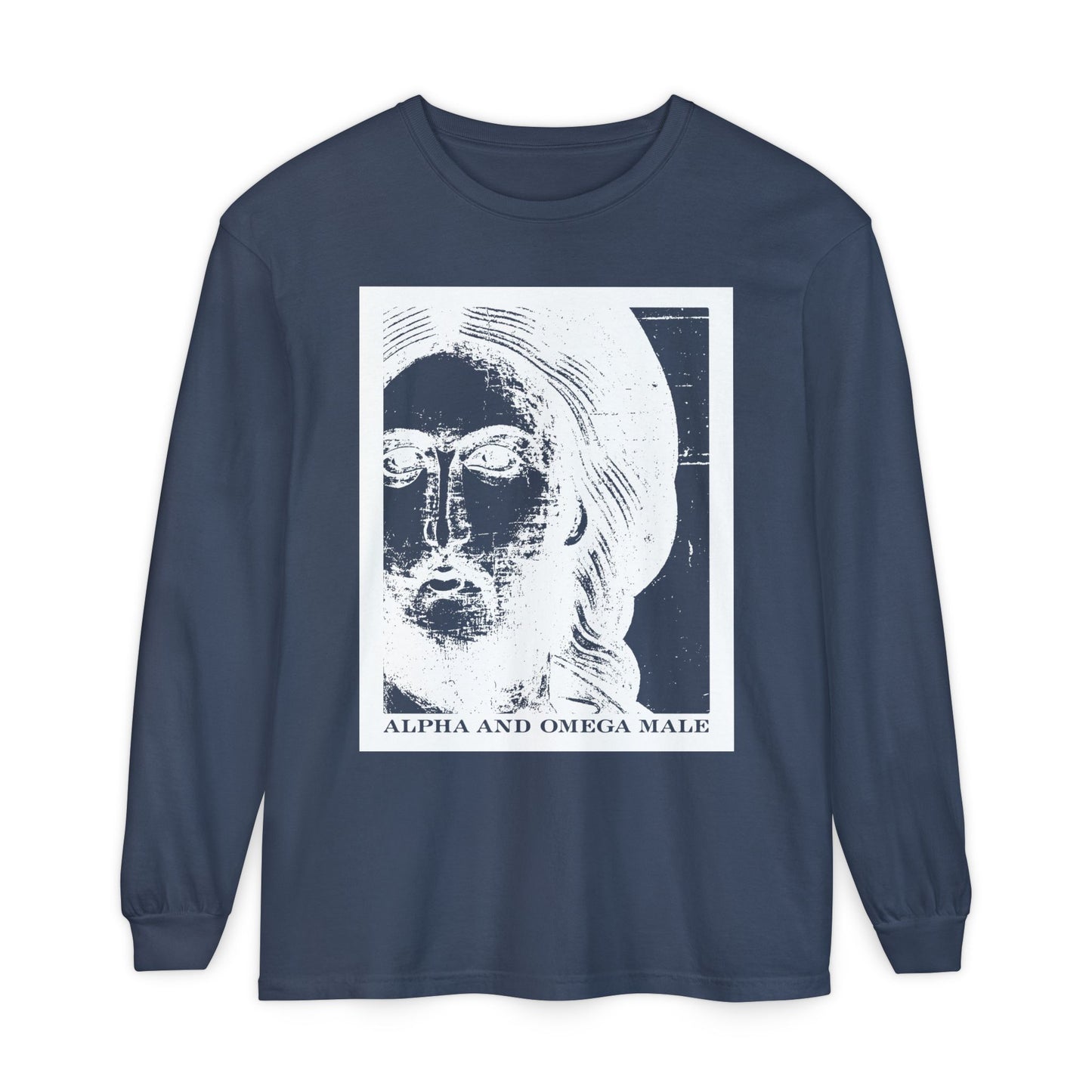Midnight long-sleeve cotton shirt featuring a white photonegative Jesus Christ icono-graphic and "Alpha & Omega Male" text, inspired by Revelation 22: "I am the Beginning & the End.