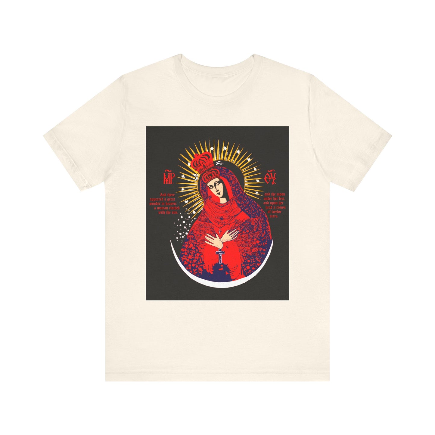 Natural lightweight cotton unisex t-shirt featuring the "Our Lady the Gate of Dawn Icono-Graphic" design, inspired by the famous Vilnius icon, with Theotokos Crowned and Woman of the Apocalypse imagery.