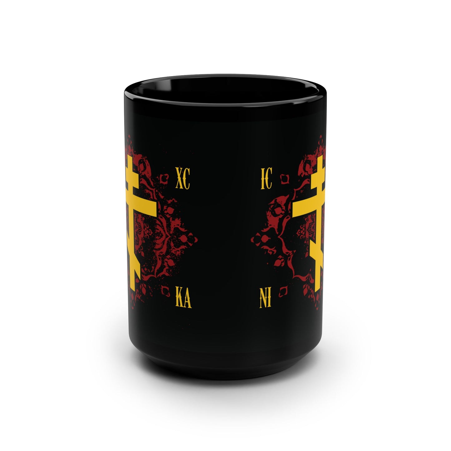 ICXC NIKA Yellow Russian Cross on Ornate Red Background Design | Jesus Christ Conquers | Orthodox Christian Black Mug