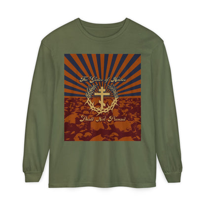 The Gates of Hades Shall Not Prevail | Cross with Wreath & Crown of Thorns | Skulls and Rays | Orthodox Christian Long Sleeve Shirt