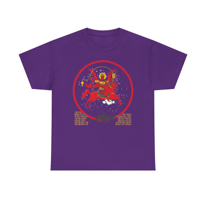 Purple Archangel Michael of the Apocalypse Iconographic / Death is Swallowed Up In Victory double-sided unisex tee features a vibrant depiction on midweight cotton, inspired by the Miracle of Archangel Michael.