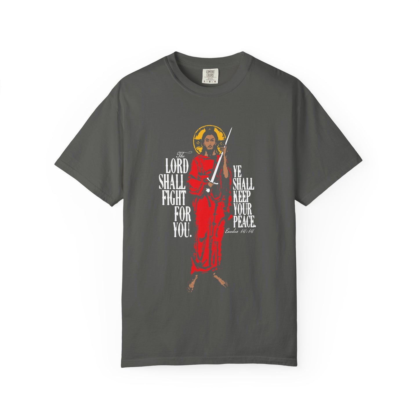 Pepper-colored heavyweight cotton unisex tee, "The Lord Shall Fight For You (Exodus 14:14)," features Jesus Christ with a sword and Orthodox iconographic style.